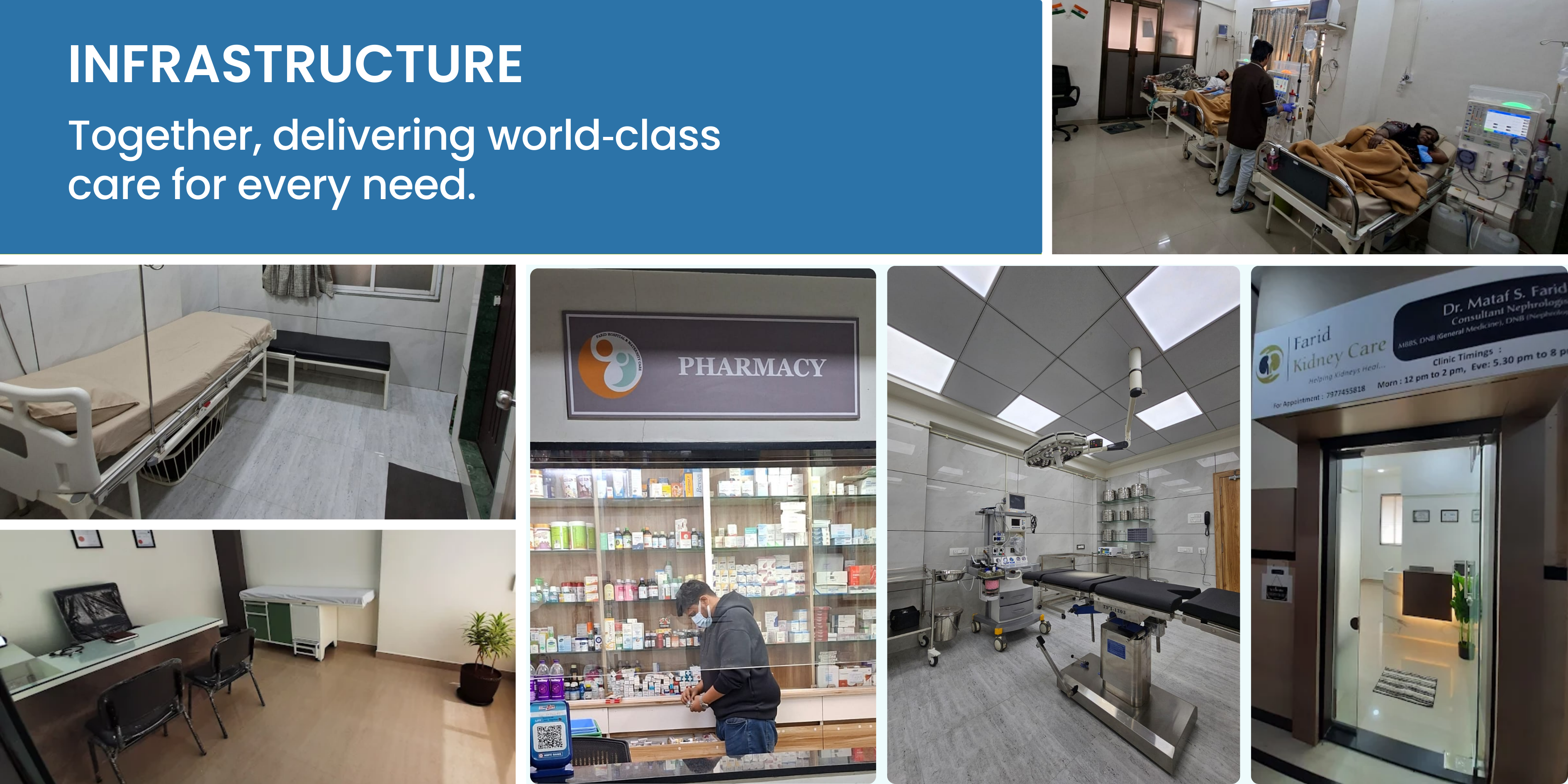 Modern hospital infrastructure including ICU beds, dialysis units, pharmacy, operation theatre, and patient rooms designed for world-class healthcare.